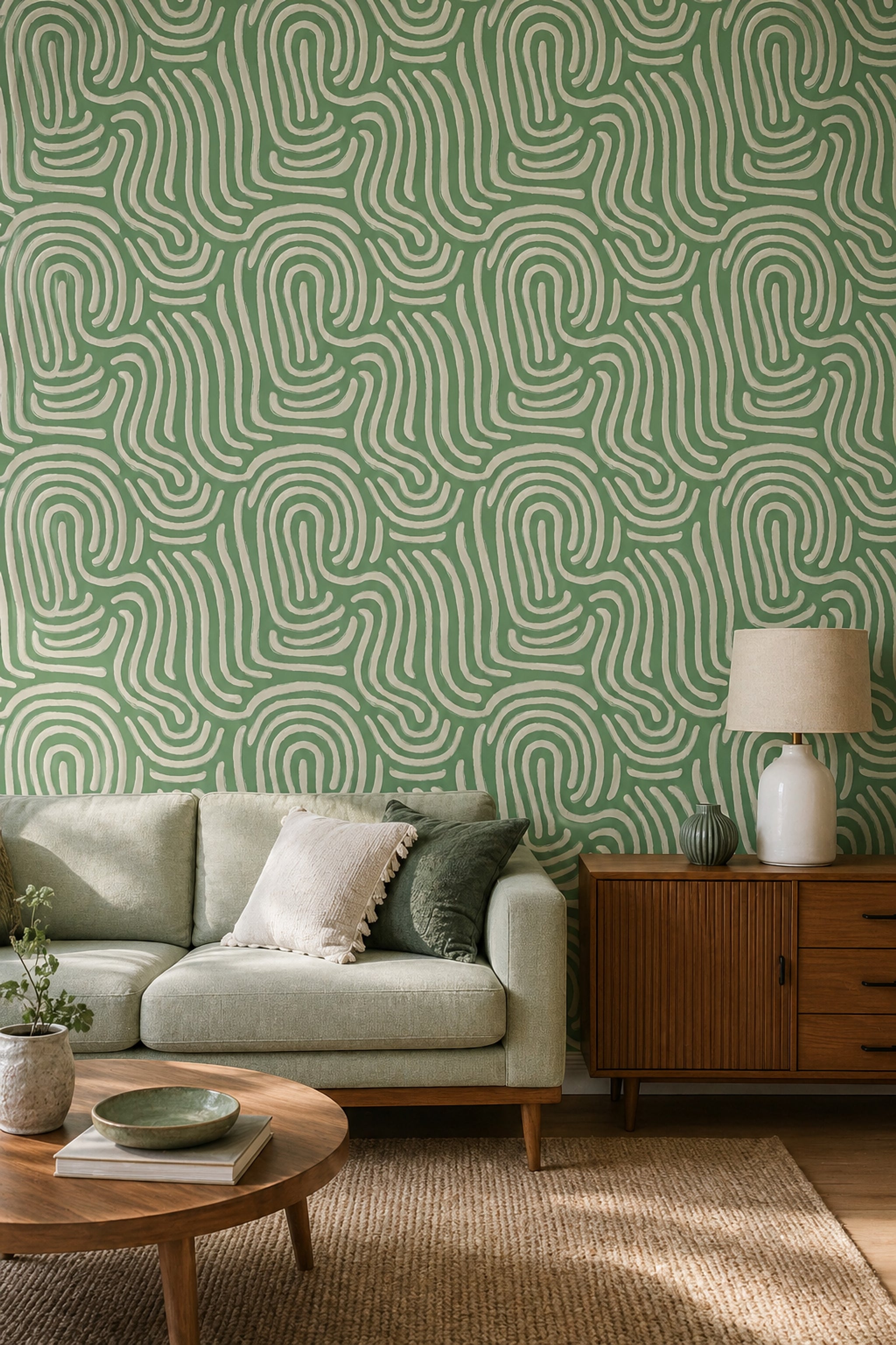 Abstract Swirl Wallpaper Sage Green Removable Cream Brushstrokes Wall Decor