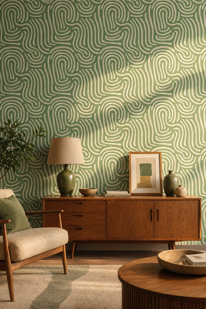 Abstract Swirl Wallpaper Sage Green Removable Cream Brushstrokes Wall Decor