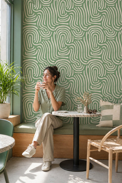 Abstract Swirl Wallpaper Sage Green Removable Cream Brushstrokes Wall Decor