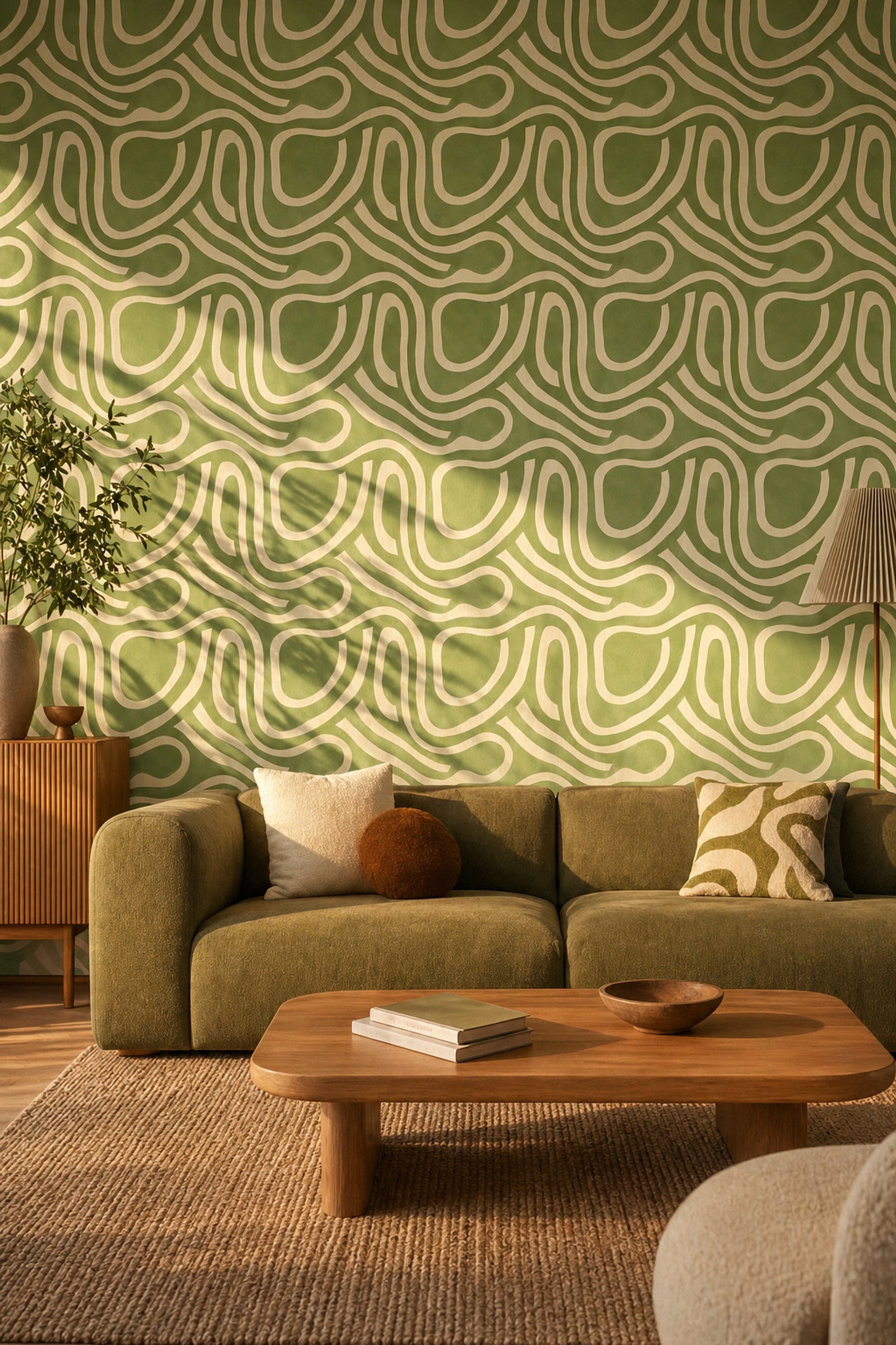 Sage Green Wallpaper Cream Lines Organic Curves Removable Wall Decor