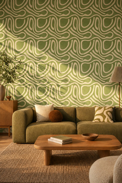 Sage Green Wallpaper Cream Lines Organic Curves Removable Wall Decor