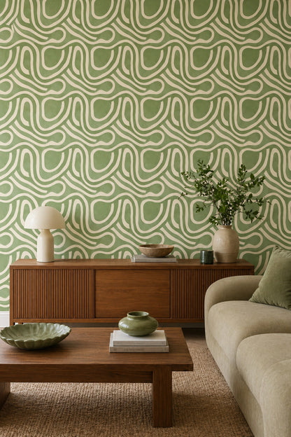 Sage Green Wallpaper Cream Lines Organic Curves Removable Wall Decor