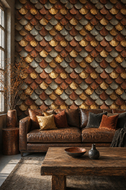 Scallop Scales Wallpaper Overlapping Tiles Rust Patina Decorative Mural