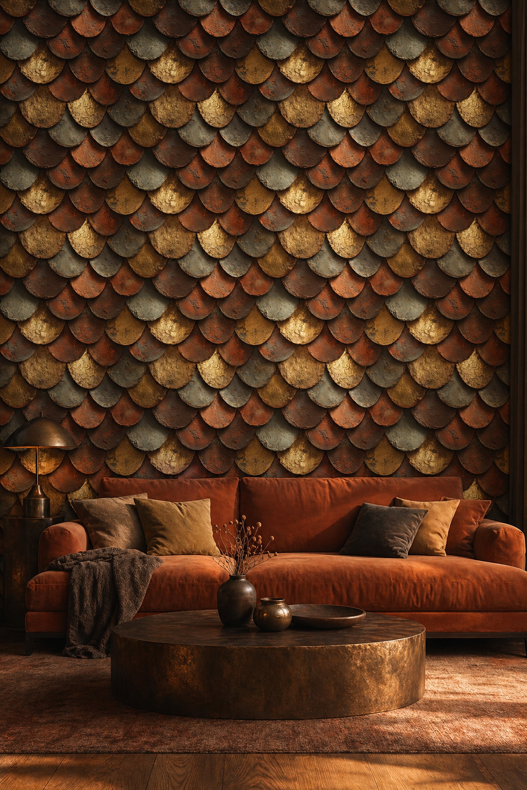Scallop Scales Wallpaper Overlapping Tiles Rust Patina Decorative Mural