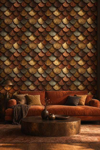 Scallop Scales Wallpaper Overlapping Tiles Rust Patina Decorative Mural