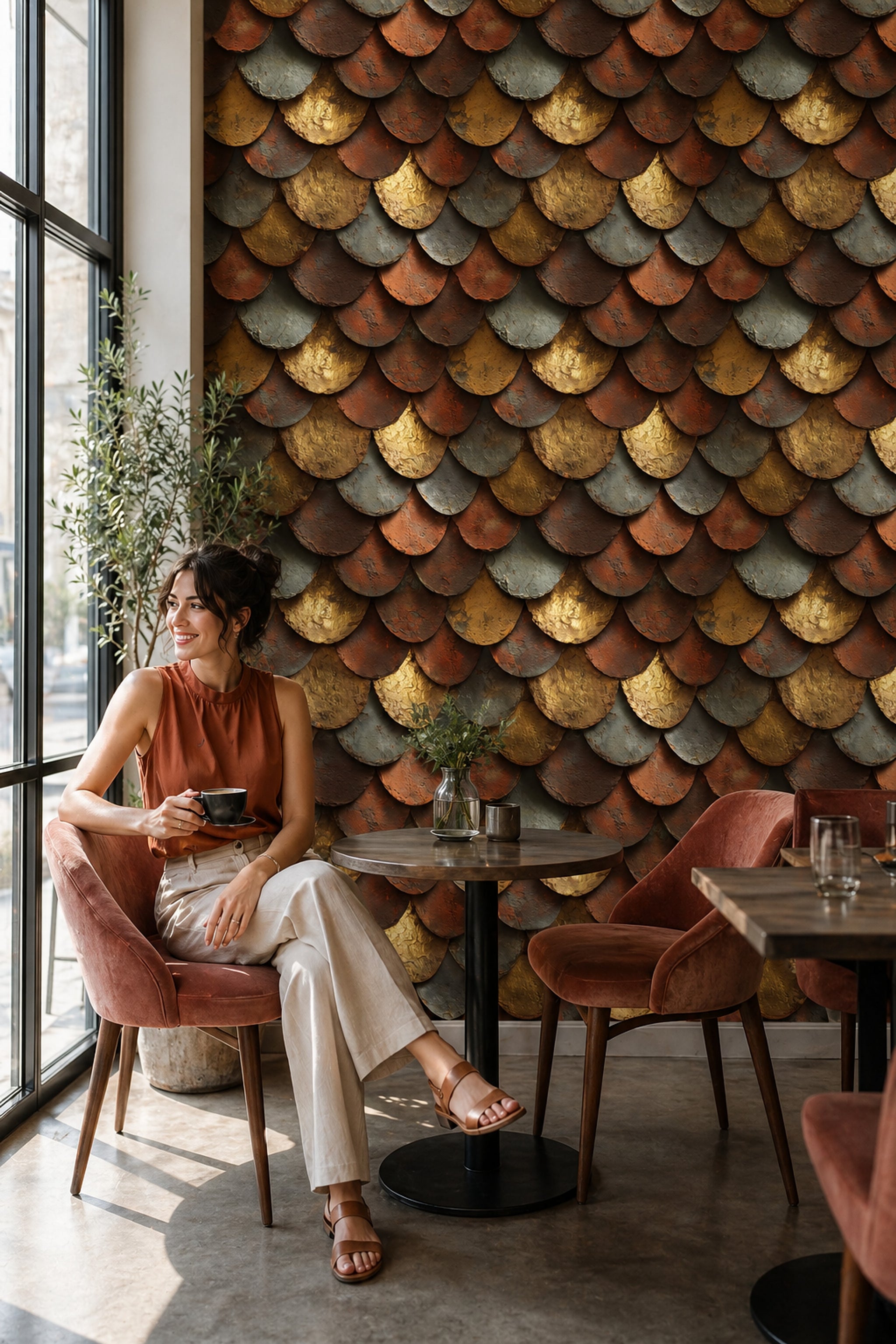 Scallop Scales Wallpaper Overlapping Tiles Rust Patina Decorative Mural