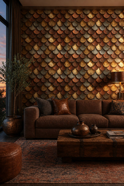 Scallop Scales Wallpaper Overlapping Tiles Rust Patina Decorative Mural