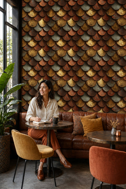 Scallop Scales Wallpaper Overlapping Tiles Rust Patina Decorative Mural