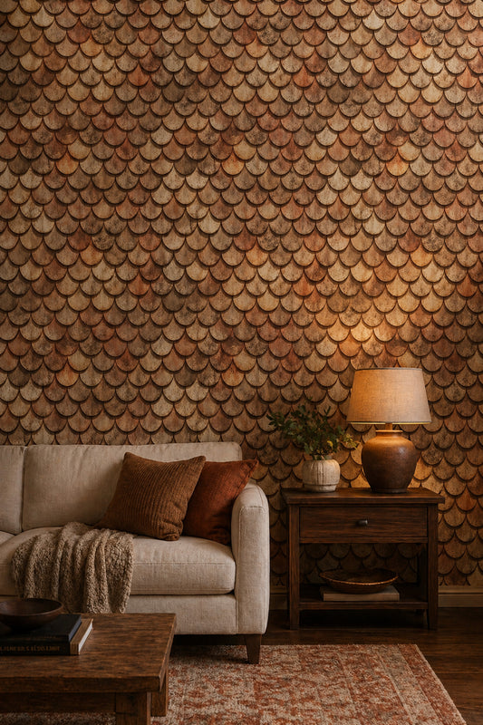 Rustic Wood Shingles Wallpaper Scallop Scales Pattern