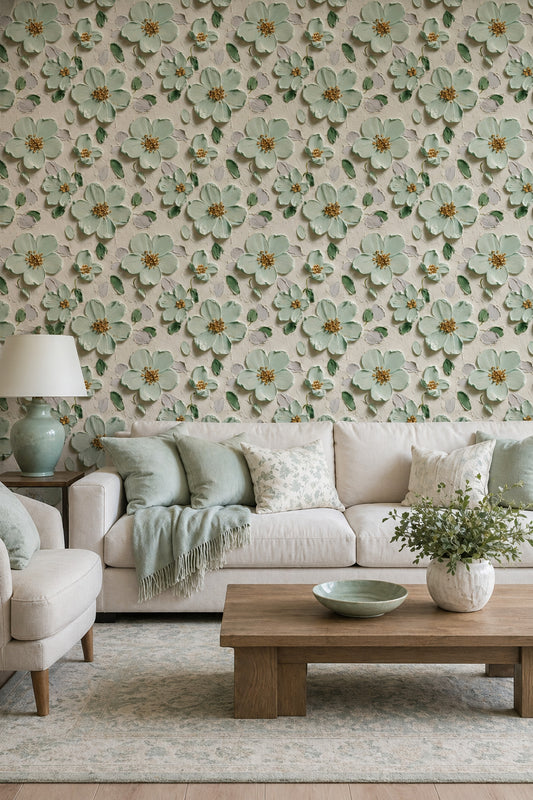 Floral Wallpaper Impasto Texture Removable Mint Green Petals Wall Decor
