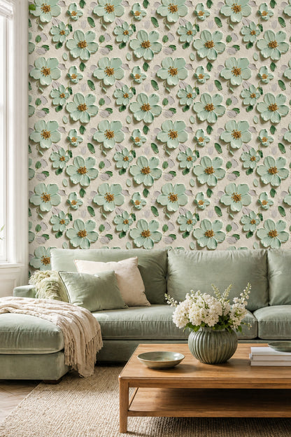 Floral Wallpaper Impasto Texture Removable Mint Green Petals Wall Decor
