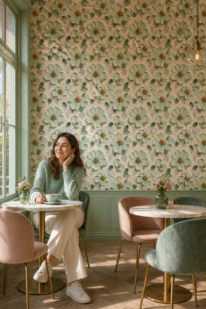 Floral Wallpaper Impasto Texture Removable Mint Green Petals Wall Decor