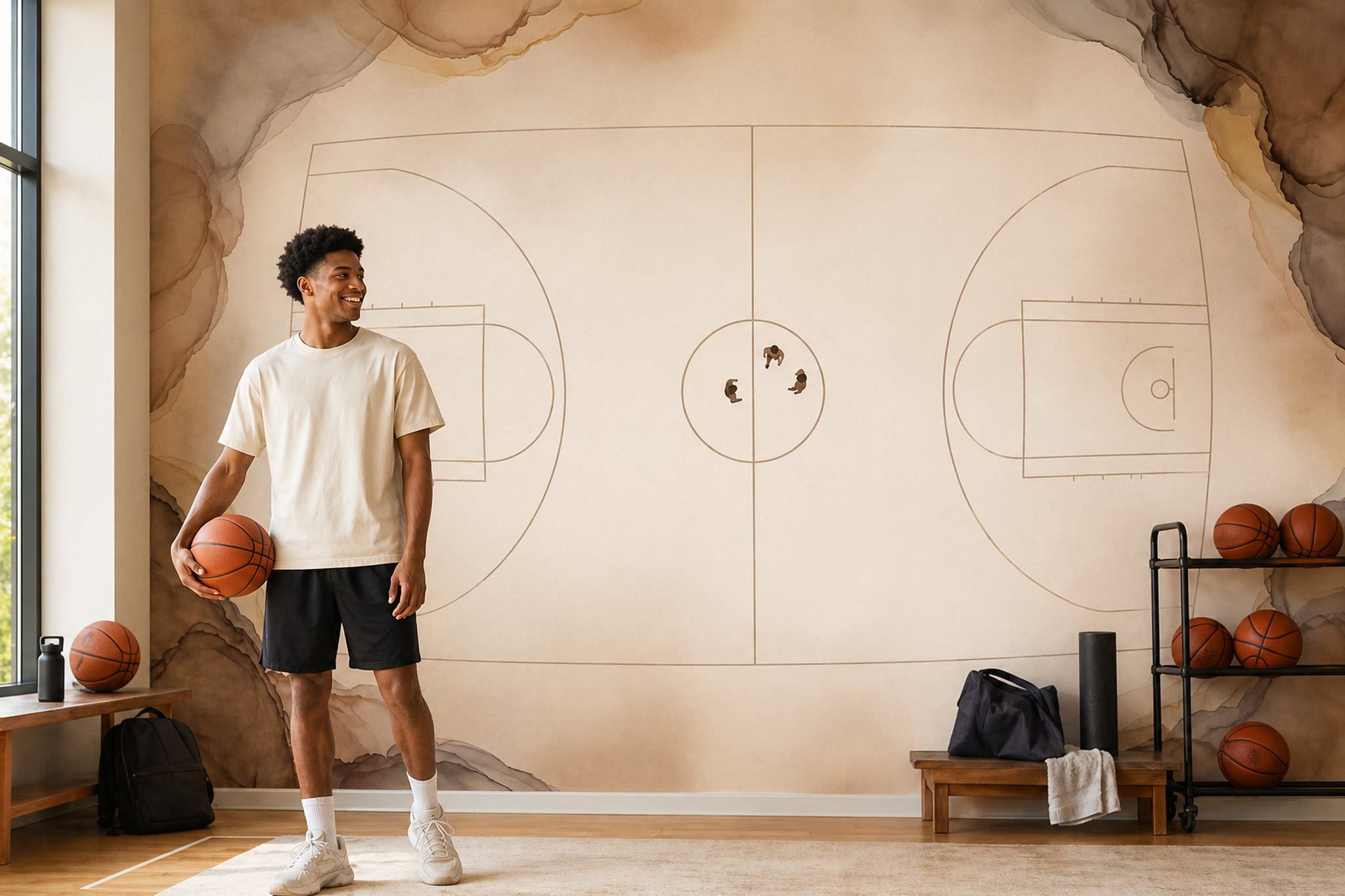 Basketball Court Wallpaper Top Down View Minimal Line Art Wall Mural