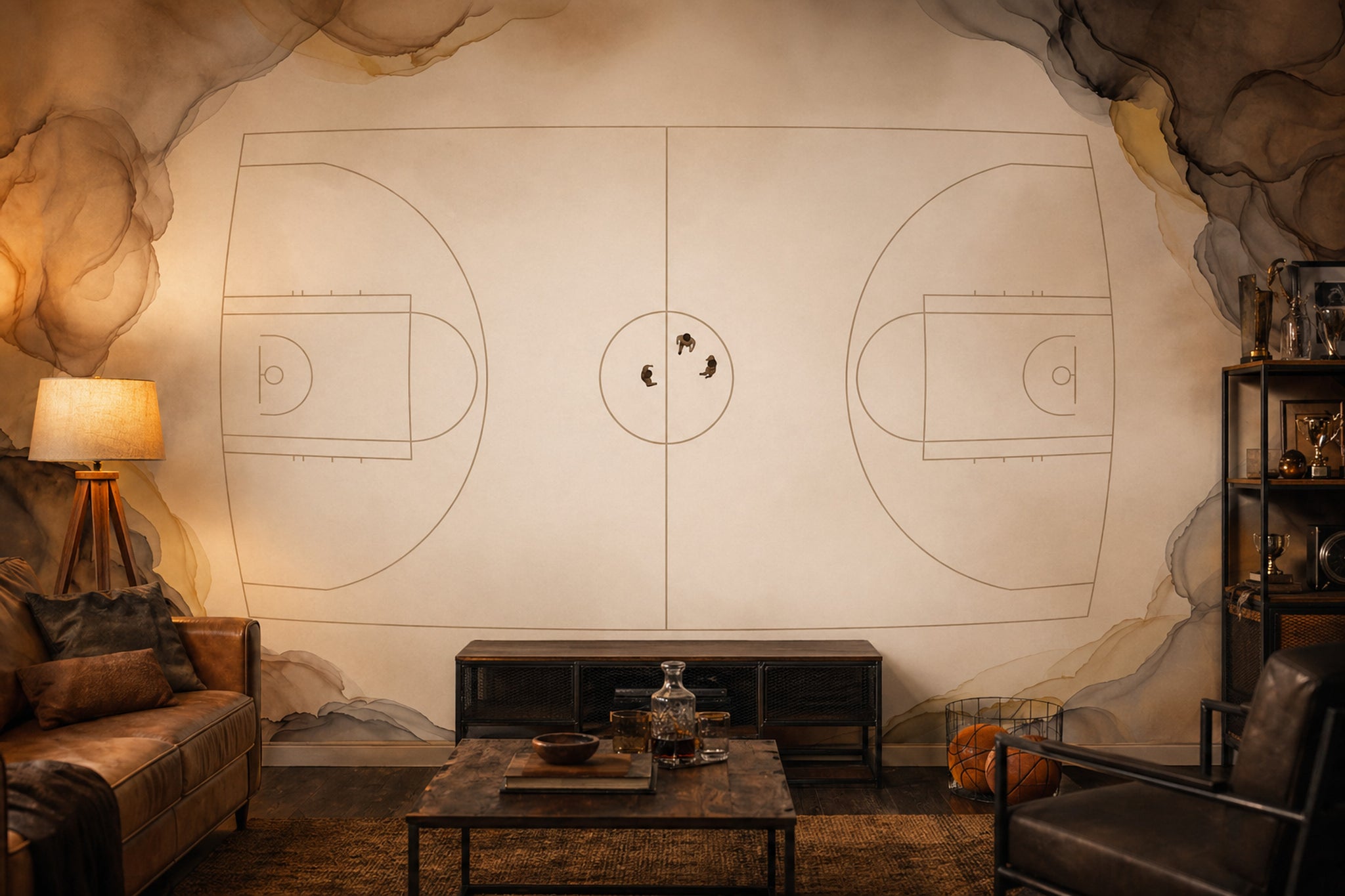 Basketball Court Wallpaper Top Down View Minimal Line Art Wall Mural