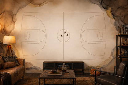 Basketball Court Wallpaper Top Down View Minimal Line Art Wall Mural