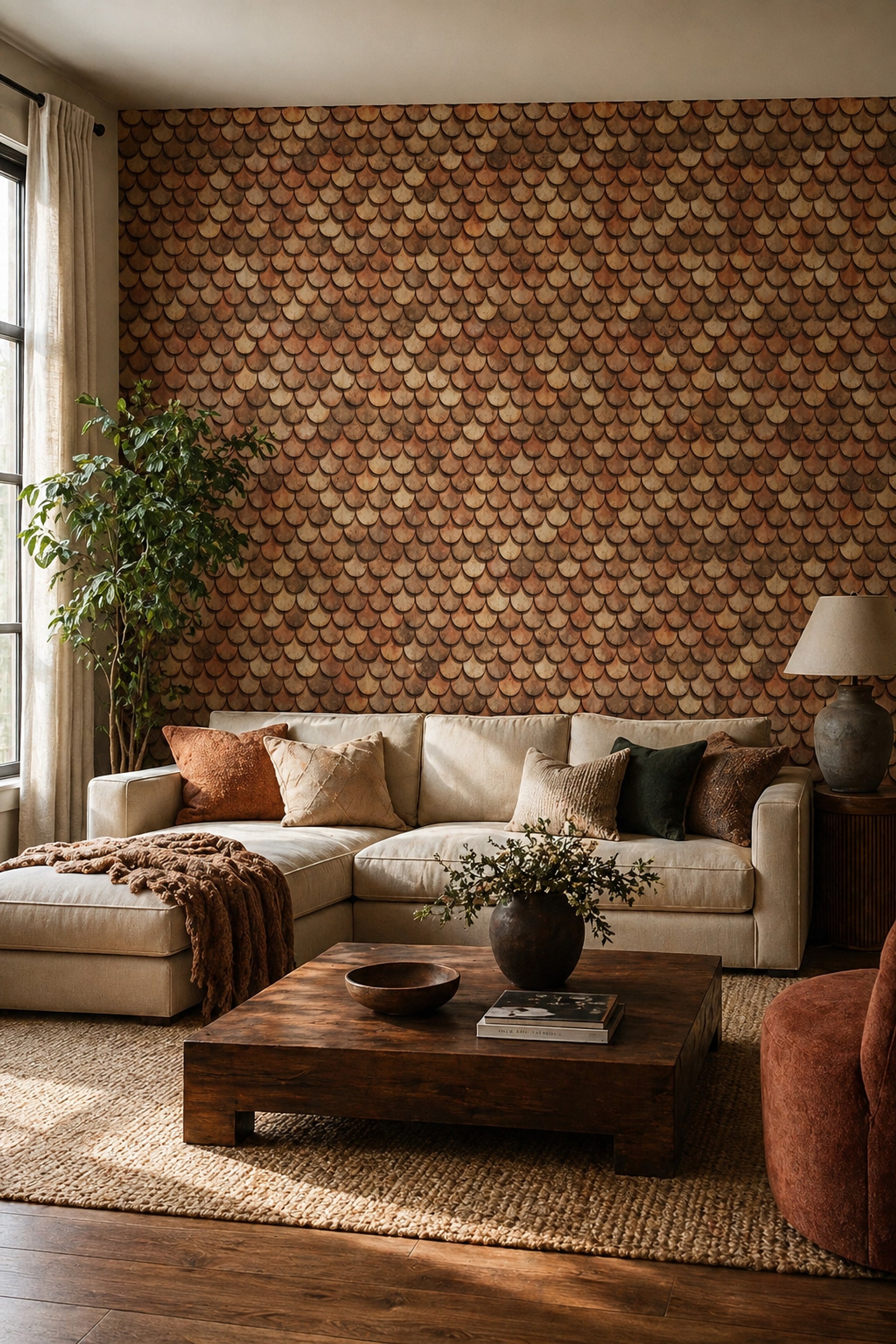 Rustic Wood Shingles Wallpaper Scallop Scales Pattern