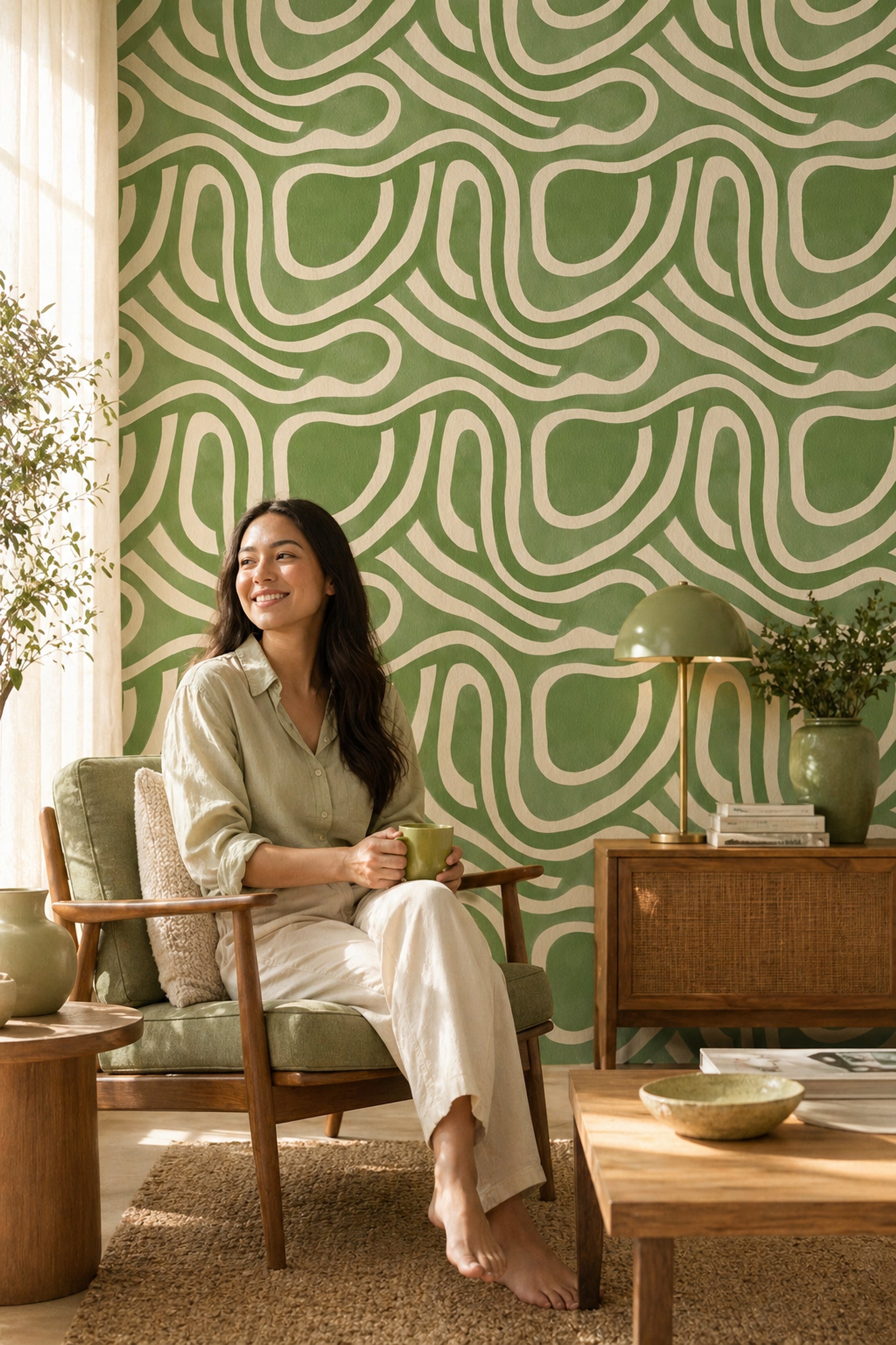 Sage Green Wallpaper Cream Lines Organic Curves Removable Wall Decor