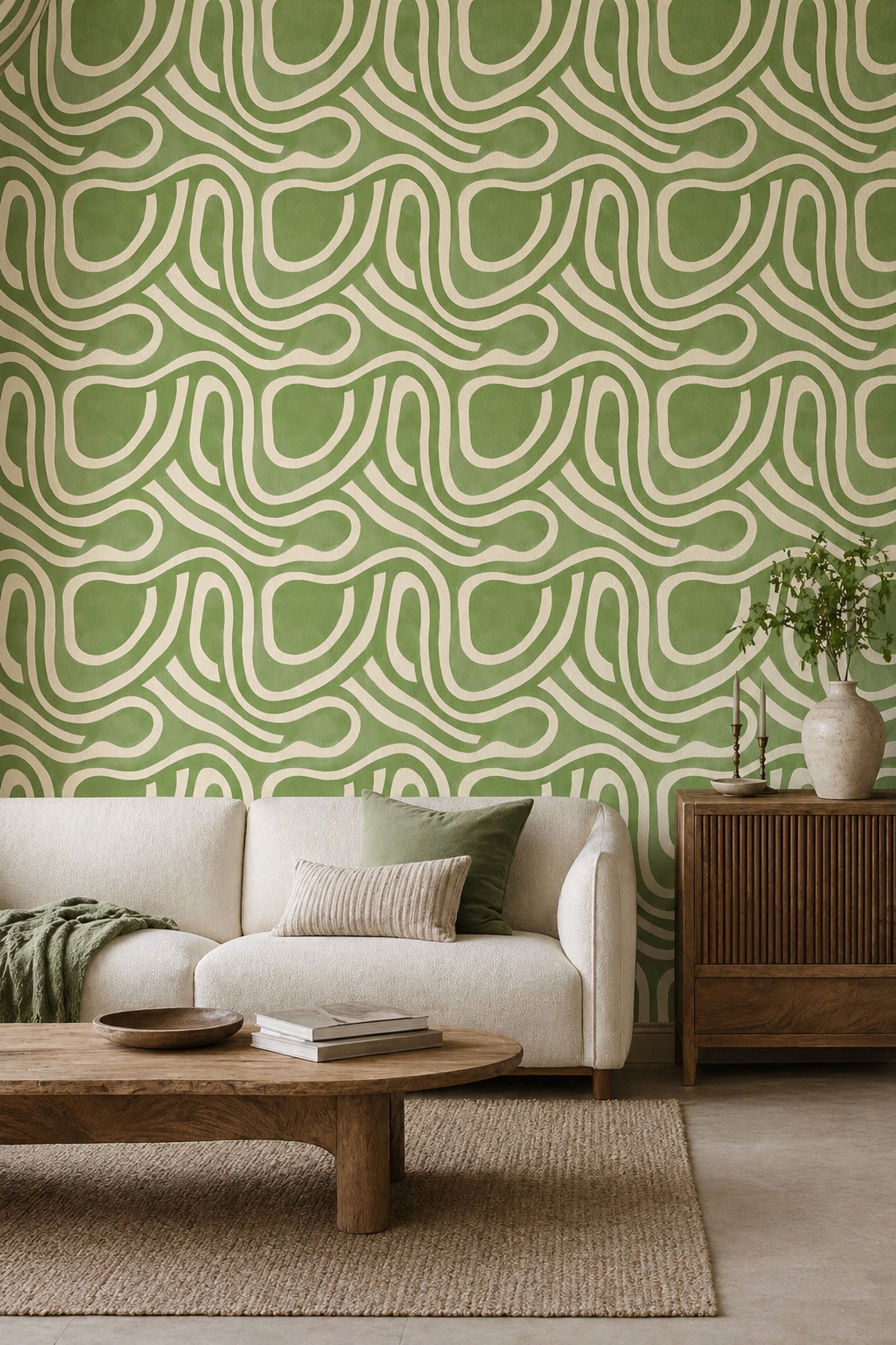 Sage Green Wallpaper Cream Lines Organic Curves Removable Wall Decor