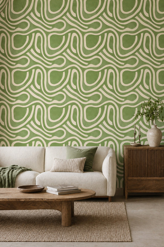 Sage Green Wallpaper Cream Lines Organic Curves Removable Wall Decor