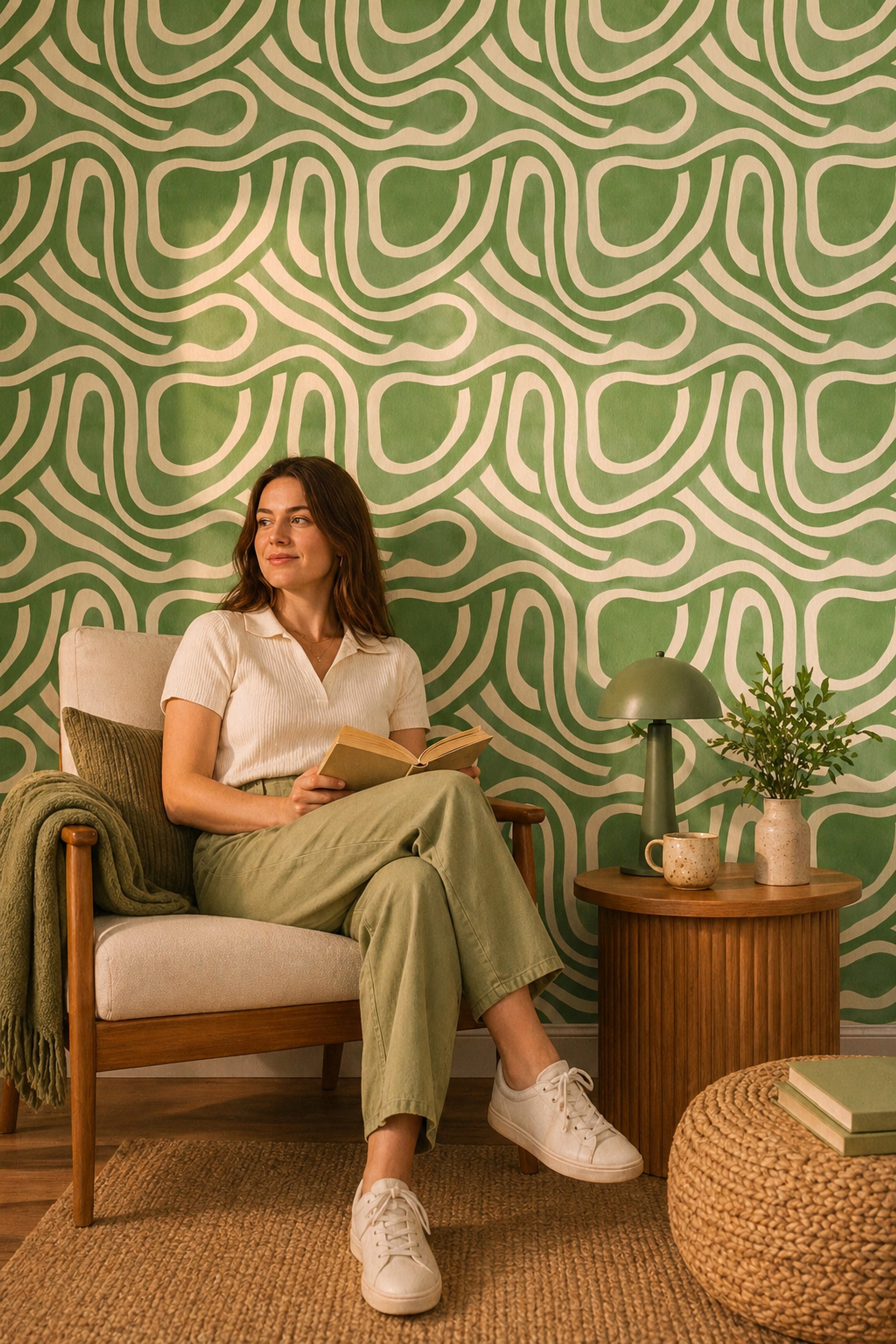 Sage Green Wallpaper Cream Lines Organic Curves Removable Wall Decor