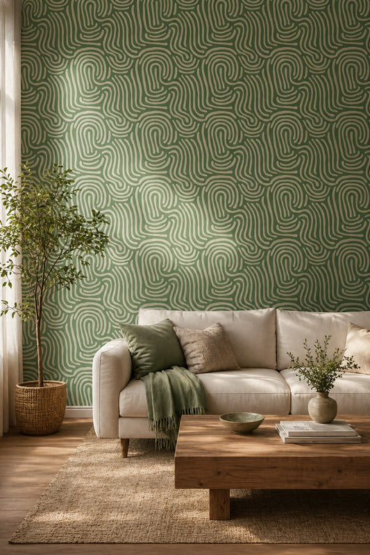 Abstract Swirl Wallpaper Sage Green Removable Cream Brushstrokes Wall Double Roll