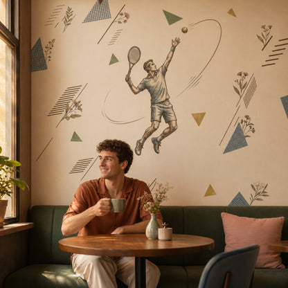 Mid Century Modern Wallpaper Tennis Player Removable Geometric Wall Decor