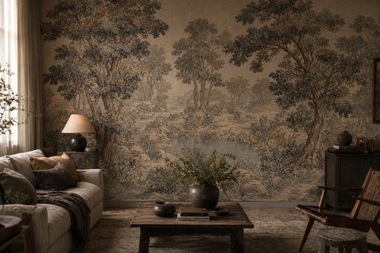 Woodland Landscape Wallpaper Toile Illustration Vintage Pastoral Wall Mural