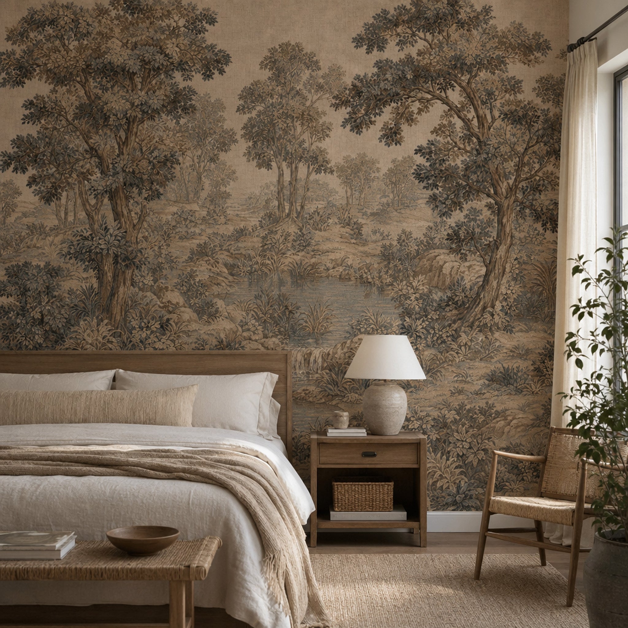 Woodland Landscape Wallpaper Toile Illustration Vintage Pastoral Wall Mural