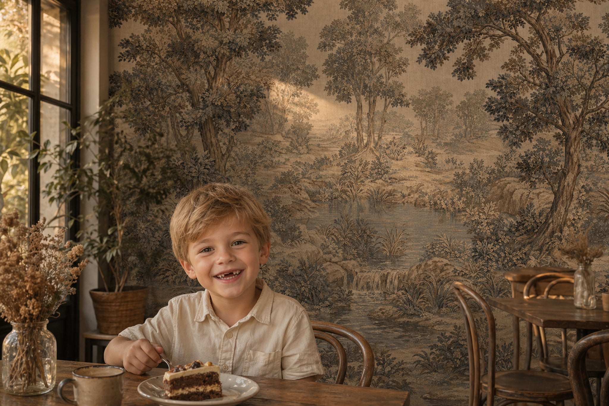 Woodland Landscape Wallpaper Toile Illustration Vintage Pastoral Wall Mural