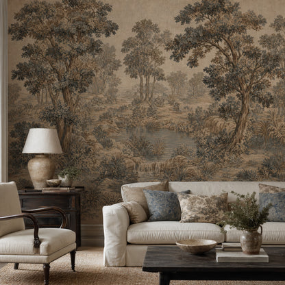Woodland Landscape Wallpaper Toile Illustration Vintage Pastoral Wall Mural