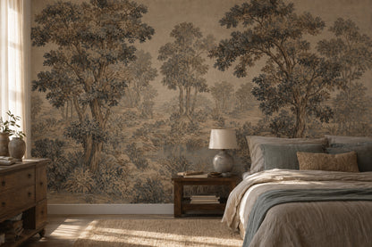Woodland Landscape Wallpaper Toile Illustration Vintage Pastoral Wall Mural