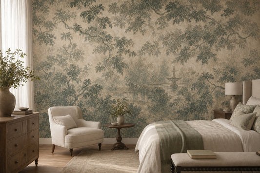 Scenic Landscape Wallpaper Pastoral Illustration Vintage Forest Removable Wall Decor