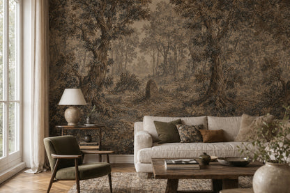 Vintage Woodland Wallpaper Forest Landscape Toile Illustration Wall Mural