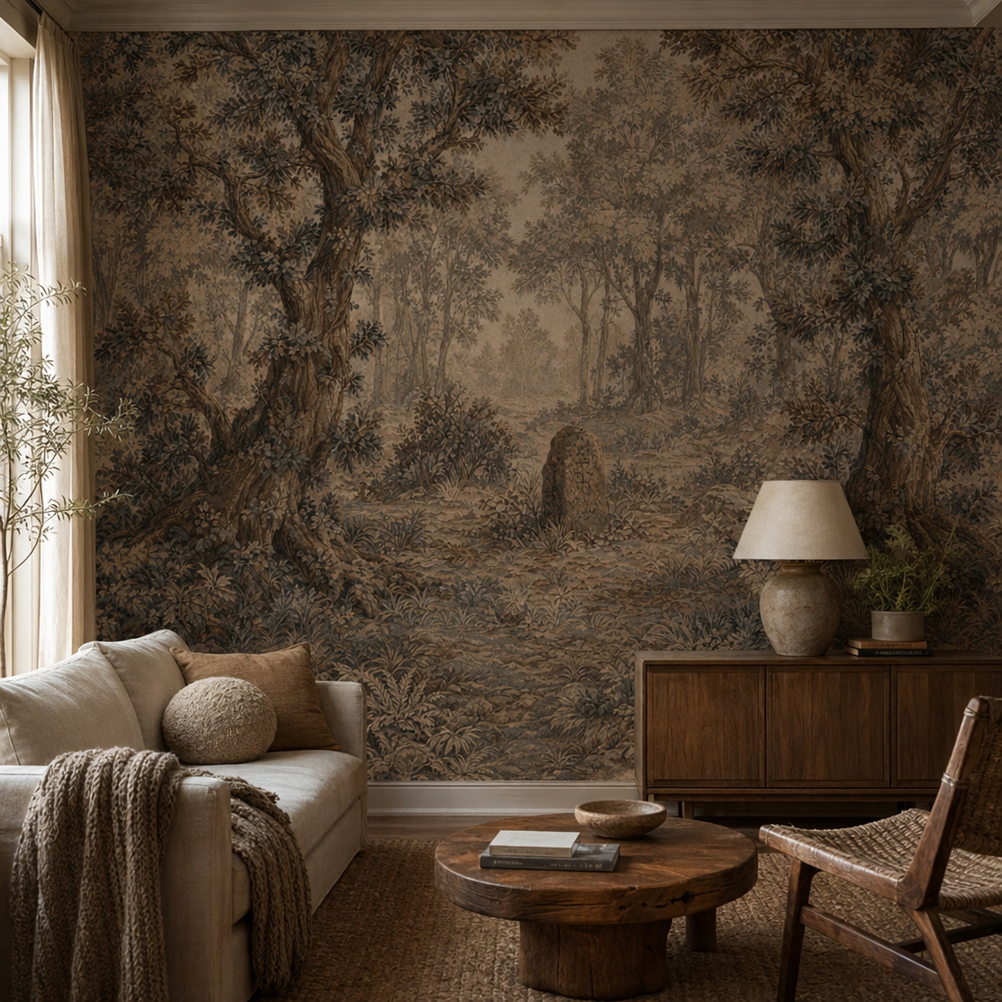 Vintage Woodland Wallpaper Forest Landscape Toile Illustration Wall Mural