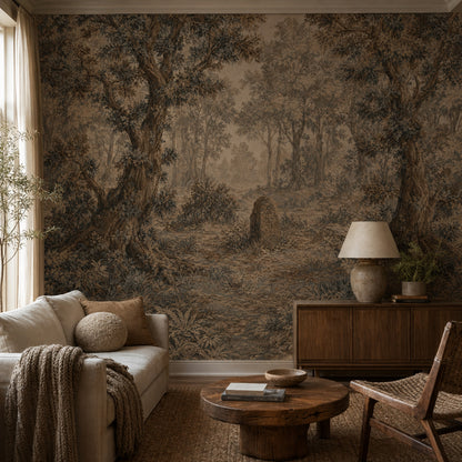 Vintage Woodland Wallpaper Forest Landscape Toile Illustration Wall Mural