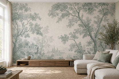 Toile Landscape Wallpaper Sage Green Removable Trees And Foliage Wall Decor