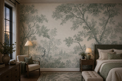 Toile Landscape Wallpaper Sage Green Removable Trees And Foliage Wall Decor