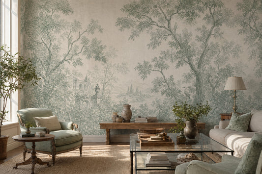 Toile Landscape Wallpaper Sage Green Removable Trees And Foliage Wall Decor