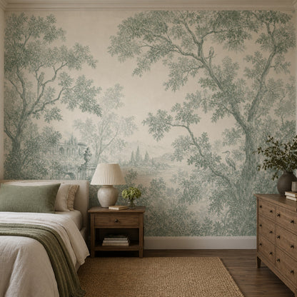 Toile Landscape Wallpaper Sage Green Removable Trees And Foliage Wall Decor