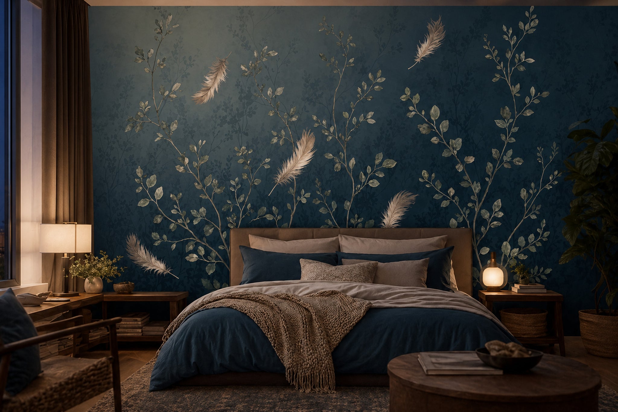 Dark Botanical Wallpaper Watercolor Foliage Floating Feathers Removable Wall Decor