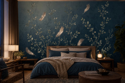 Dark Botanical Wallpaper Watercolor Foliage Floating Feathers Removable Wall Decor