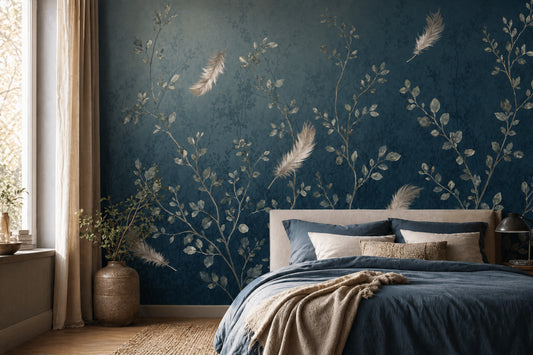 Dark Botanical Wallpaper Watercolor Foliage Floating Feathers Removable Wall Decor