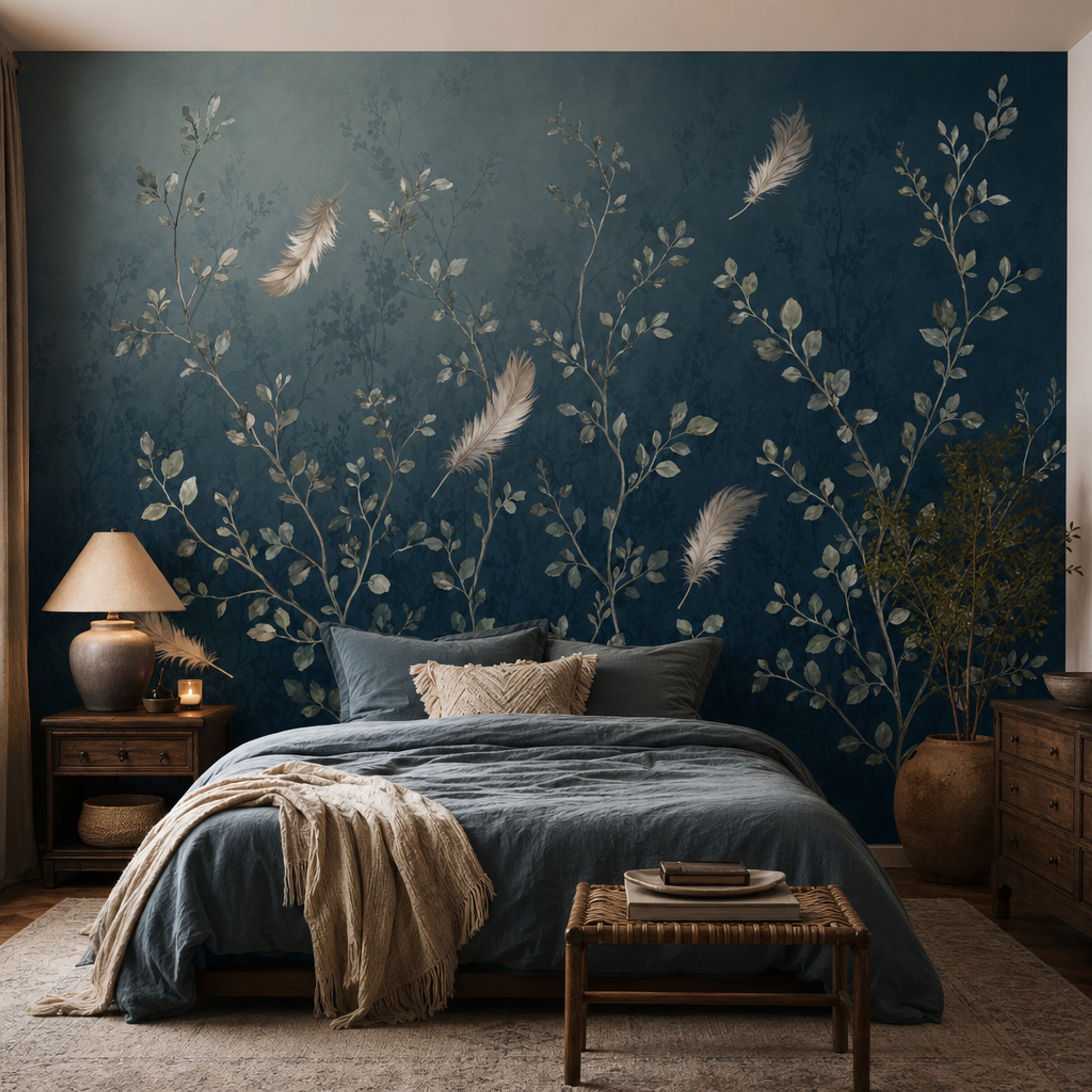 Dark Botanical Wallpaper Watercolor Foliage Floating Feathers Removable Wall Decor