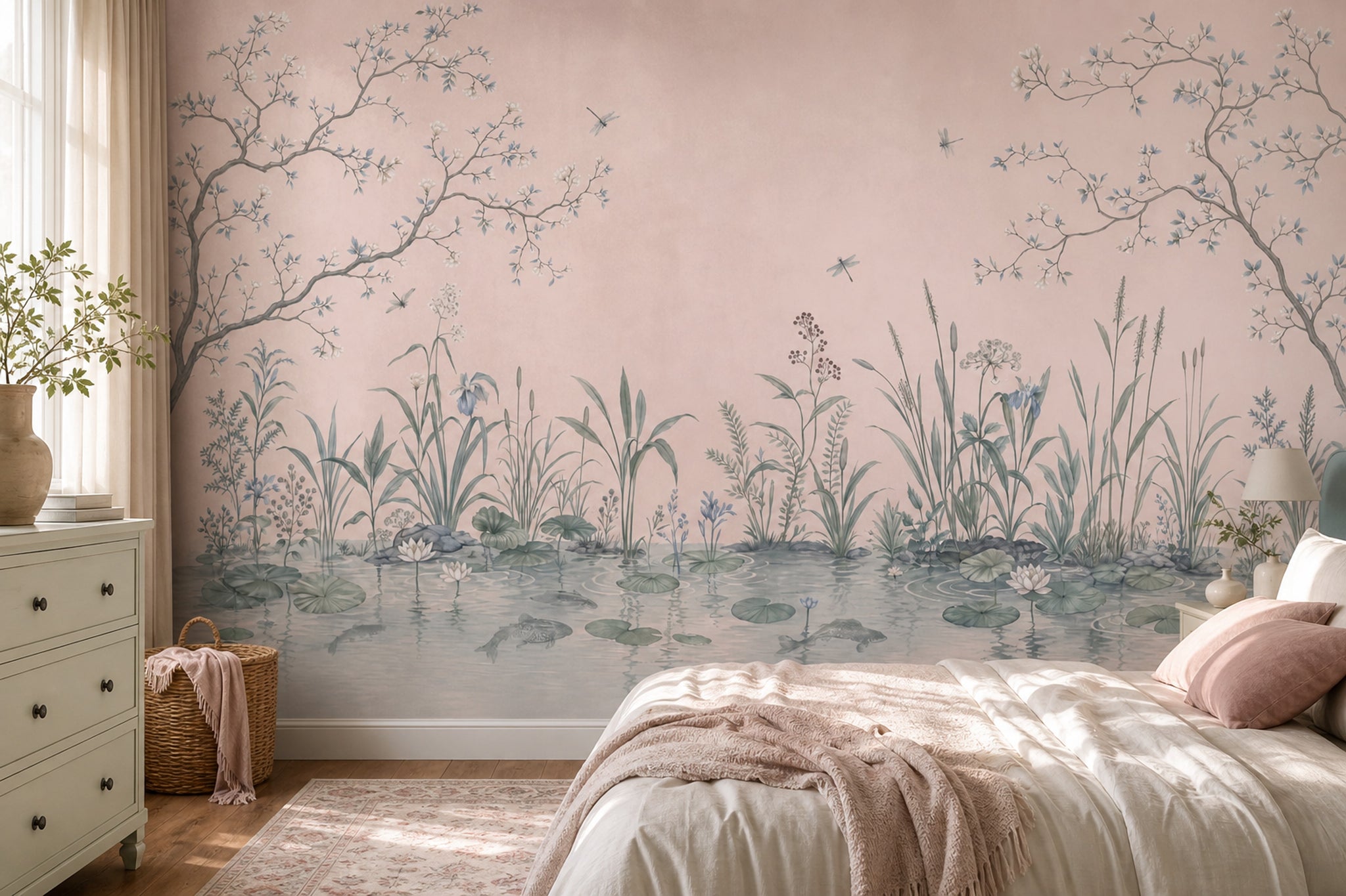 Pond Landscape Wallpaper Water Lilies Pastel Pink Background Wall Mural