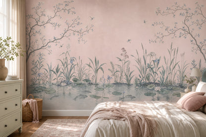 Pond Landscape Wallpaper Water Lilies Pastel Pink Background Wall Mural