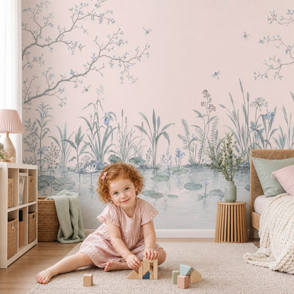 Pond Landscape Wallpaper Water Lilies Pastel Pink Background Wall Mural