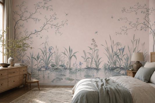 Pond Landscape Wallpaper Water Lilies Pastel Pink Background Wall Mural