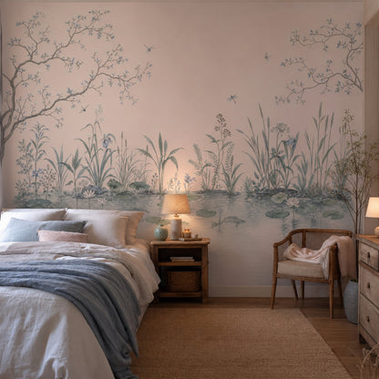Pond Landscape Wallpaper Water Lilies Pastel Pink Background Wall Mural
