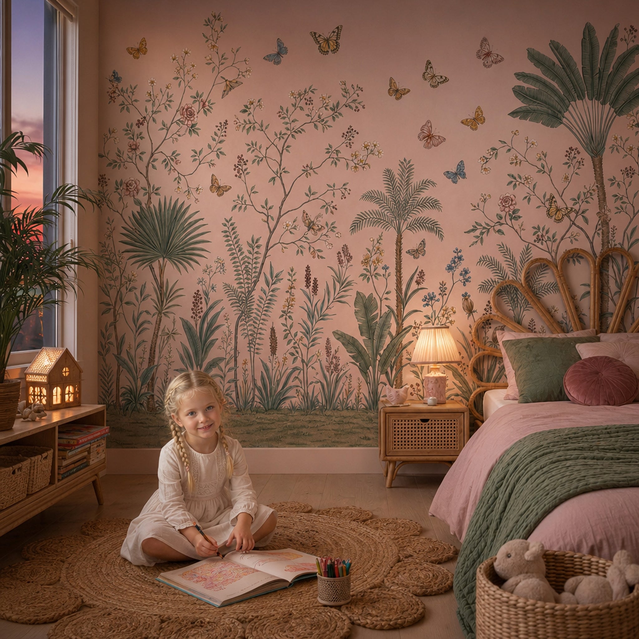 Botanical Illustration Wallpaper Tropical Palms Removable Butterflies Wall Decor