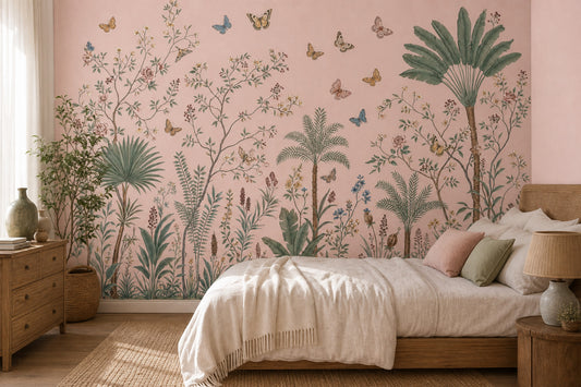 Botanical Illustration Wallpaper Tropical Palms Removable Butterflies Wall Decor